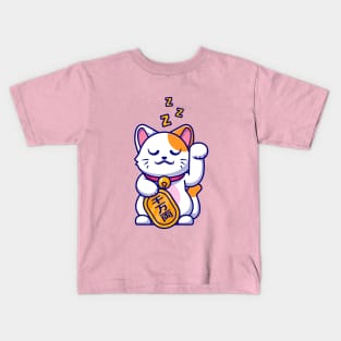 Cute Lucky Cat Sleeping With Gold Coin Cartoon Kids T-Shirt